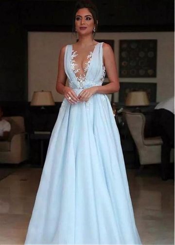 Charming Tulle V-neck Neckline Floor-length A-line Prom Dresses With Lace Appliques
