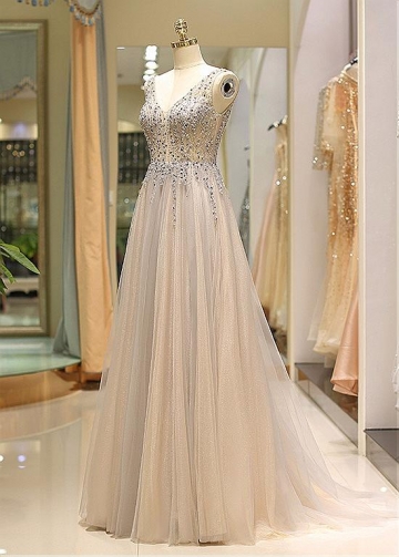 Glamorous Tulle V-neck Neckline Floor-length A-line Prom Dress With Beadings