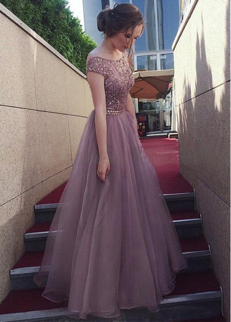 Delicate Tulle & Organza Bateau Neckline Floor-length A-line Prom Dress With Beadings