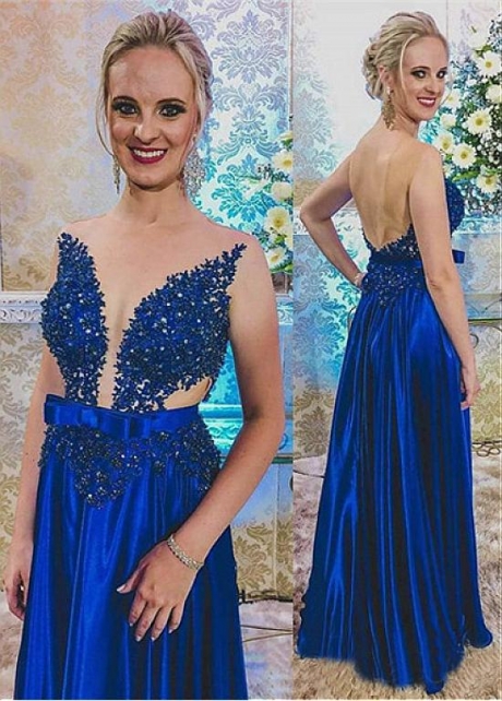 Sparkling Jewel Neckline Floor-length A-line Evening Dress With Belt & Bowknot & Beaded Lace Appliques