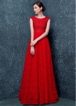 Fantastic Lace Jewel Neckline Full-length A-line Evening Dress With Lace Appliques & Rhinestones & Belt
