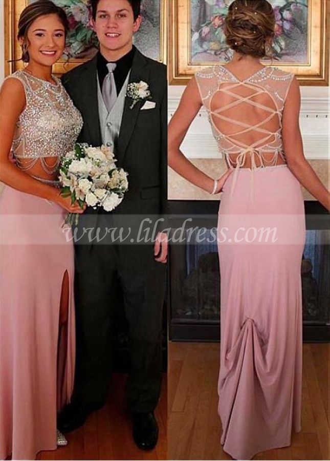 Elegant Jewel Neckline Two-piece Sheath/Column Prom Dress With Beadings