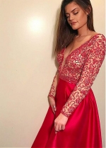 Stunning Satin V-neck Neckline Long Sleeves A-line Prom Dress With Beaded Embroidery