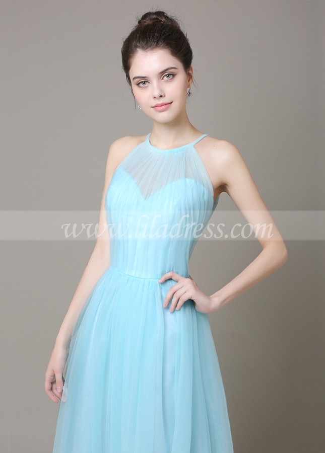 Elegant Tulle Light Blue High Collar Neckline A-line Bridesmaid Dress