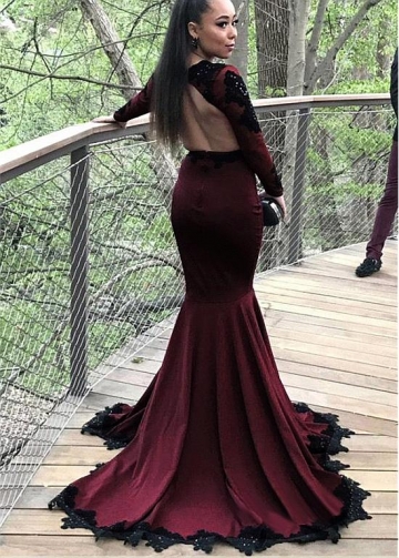 Formal Acetate Satin V-neck Neckline Long Sleeves Backless Mermaid Evening Dress With Beaded Lace Appliques
