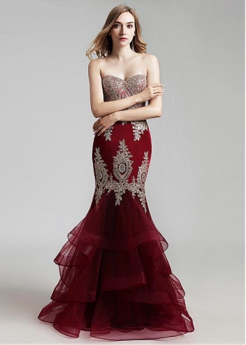 Fashionable Tulle Spaghetti Straps Neckline Mermaid Evening Dress With Beaded Lace Appliques