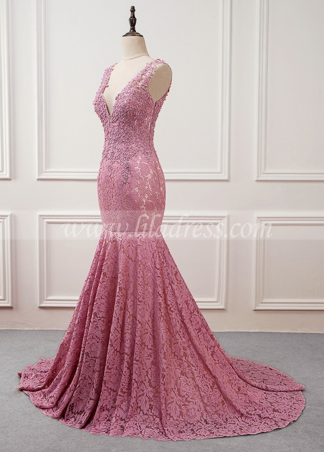 Delicate Lace V-neck Neckline Mermaid Evening Dresses With Beaded Lace Appliques