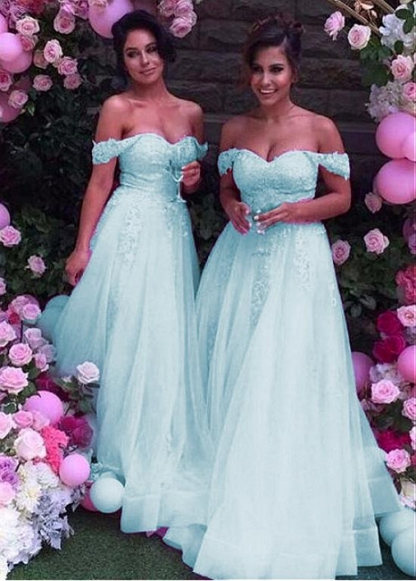 Fabulous Tulle Off-the-shoulder Neckline Floor-length A-line Bridesmaid Dresses With Lace Appliques