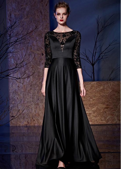 Elegant Tulle & Satin Bateau Neckline 3/4 Length Sleeves A-line Formal Dresses With Beadings