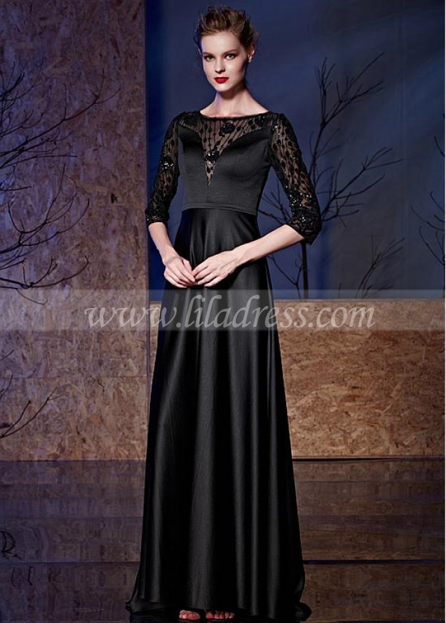 Elegant Tulle & Satin Bateau Neckline 3/4 Length Sleeves A-line Formal Dresses With Beadings