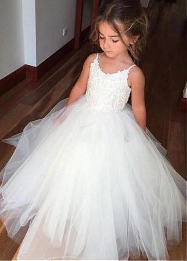 Sweet Tulle Spaghetti Straps Neckline Floor-length Ball Gown Flower Girl Dresses With Lace Appliques