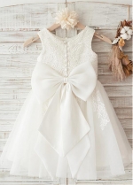 Fabulous Tulle & Satin Scoop Neckline Knee-length A-line Flower Girl Dresses With Bowknot