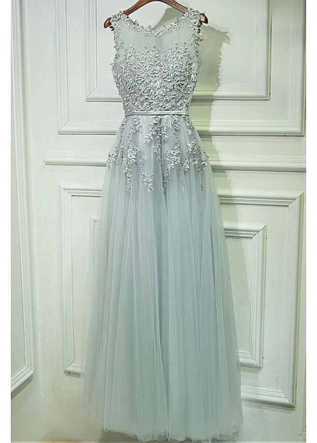 Charming Tulle Jewel Neckline A-line Silver Bridesmaid Dress