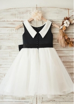 Wonderful Satin & Tulle Scoop Neckline Knee-length A-line Flower Girl Dresses With Bowknot