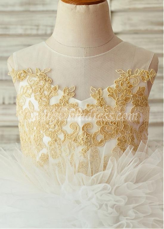 Romantic Lace & Tulle Jewel Neckline Tea-length Ball Gown Flower Girl Dresses