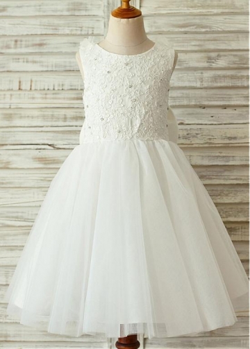 Modern Lace & Tulle Scoop Neckline Knee-length A-line Flower Girl Dresses With Bowknot & Feathers & Beadings
