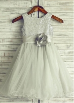 Eye-catching Sequin Lace & & Tulle Scoop Neckline Tea-length A-line Flower Girl Dresses With Handmade Flowers