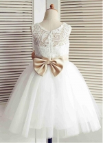 Exquisite Tulle & Lace Jewel Neckline Ball Gown Flower Girl Dresses With Handmade Flowers & Bowknot