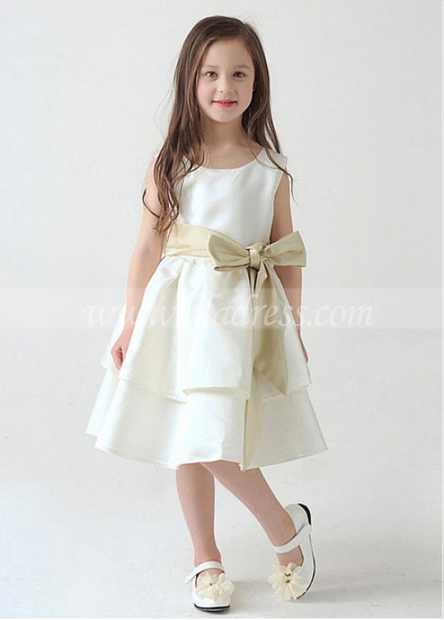 Amazing Satin Scoop Neckline A-Line Flower Girl Dresses With Bow