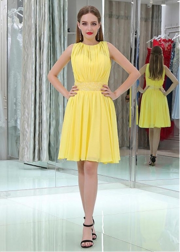 Yellow Chic Chiffon Jewel Belt Short Length A-line Homecoming / Bridesmaid Dresses