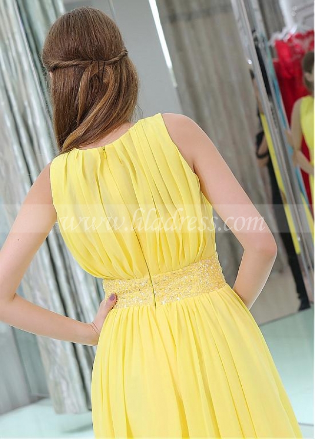 Yellow Chic Chiffon Jewel Belt Short Length A-line Homecoming / Bridesmaid Dresses