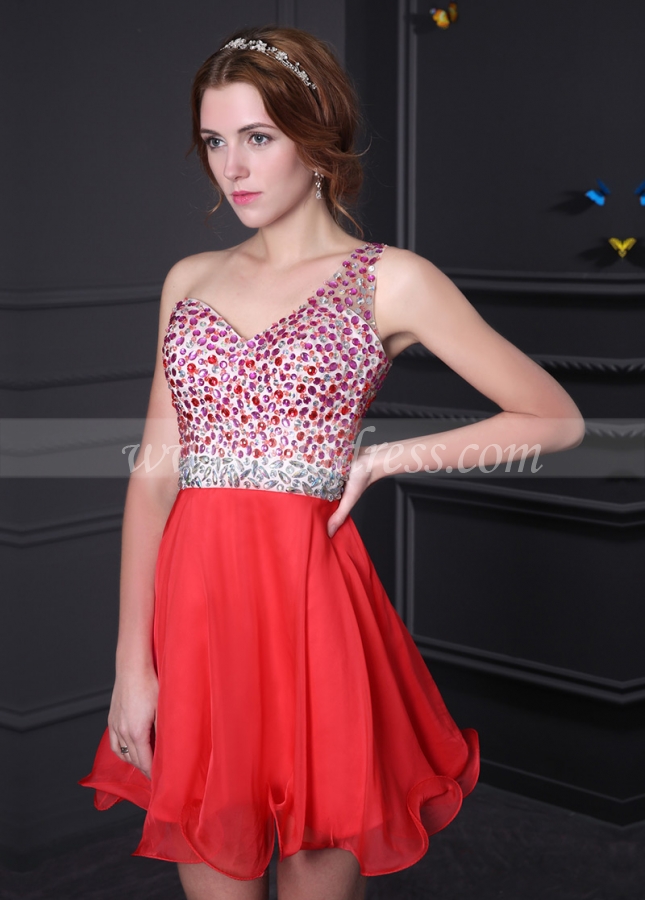 Amazing Red Chiffon A-line One Shoulder Neckline Short Homecoming Dress With diamantes