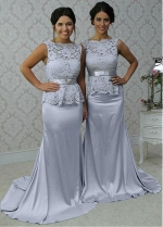 Attractive Lace & Stretch Satin Bateau Neckline Full-length Mermaid Bridesmaid Dress With Belt