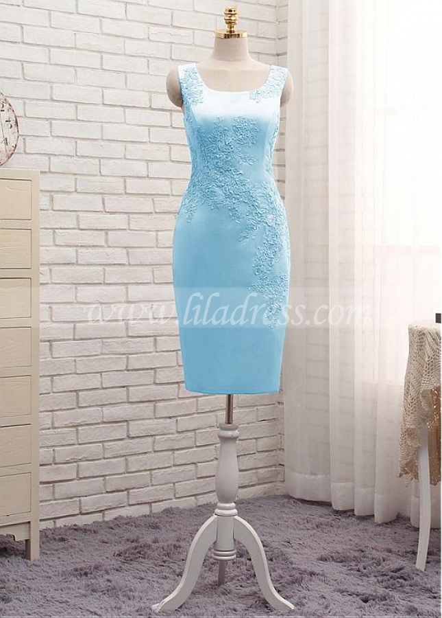 Shimmering Satin Jewel Neckline Sheath/Column Mother Of The Bride Dresses With Lace Appliques