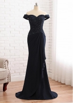 Alluring Chiffon Off-the-shoulder Neckline Mermaid Mother Of The Bride Dress With Beaded Lace Appliques