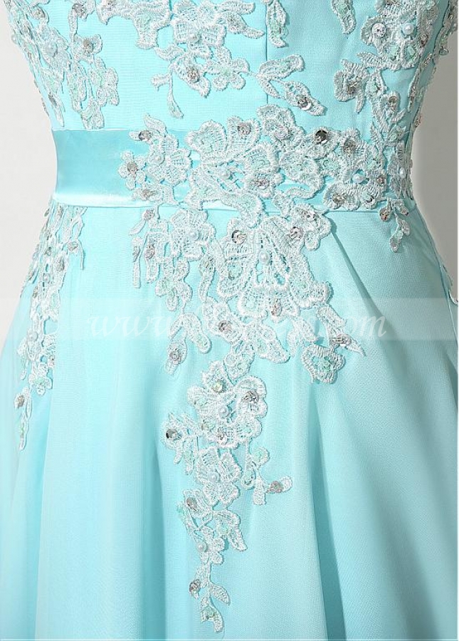Stunning Chiffon Bateau Neckline Full-length A-line Prom Dresses With Beaded Lace Appliques