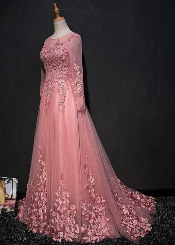 Fabulous Tulle Jewel Neckline Floor-length A-line Prom Dresses With Lace Appliques & Beadings