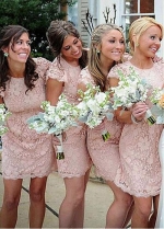 Exquisite Lace Jewel Neckline Cap Sleeves Cut-out Short Length Sheath/Column Bridesmaid Dresses