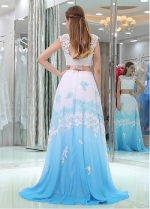 Excellent Tulle & Chiffon Bateau Neckline Cap Sleeves A-line Two-piece Prom Dresses With Beaded Lace Appliques