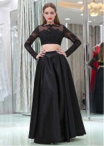 Glamorous Tulle & Satin Bateau Neckline Long Length Sleeves A-line Two-piece Prom Dresses With Lace Appliques