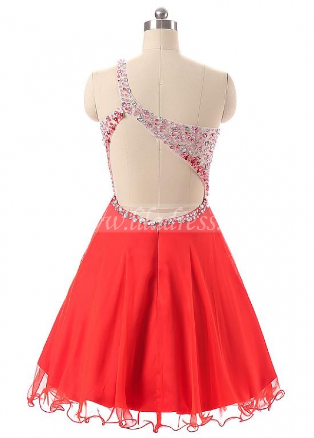 Energetic Chiffon One-shoulder Neckline A-Line Short Homecoming Dresses With Beads & Rhinestones