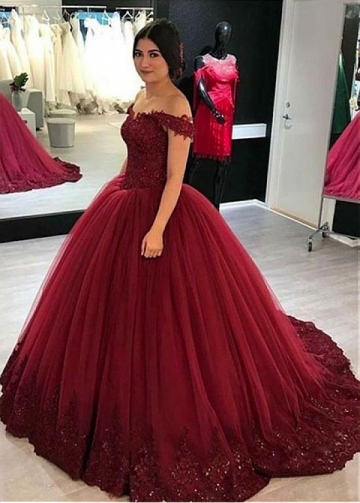 Modern Tulle Off-the-shoulder Neckline Floor-length Ball Gown Quinceanera Dresses With Beaded Lace Appliques