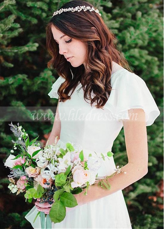 Delicate Chiffon Asymmetrical Neckline A-line Wedding Dresses With Beadings