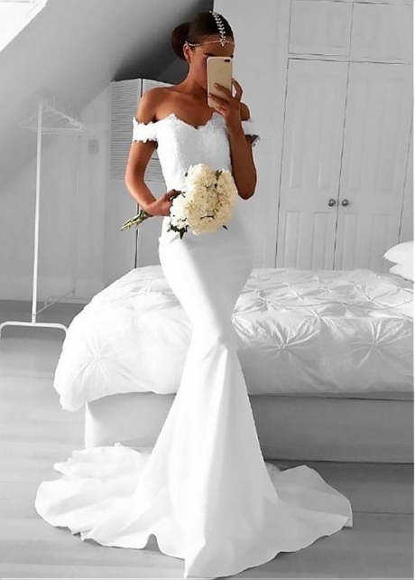 Amazing Satin Off-the-shoulder Neckline Mermaid Wedding Dress With Lace Appliques