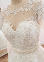 Stunning Tulle Jewe Neckline A-line Wedding Dress With Beaded Lace Appliques & Belt
