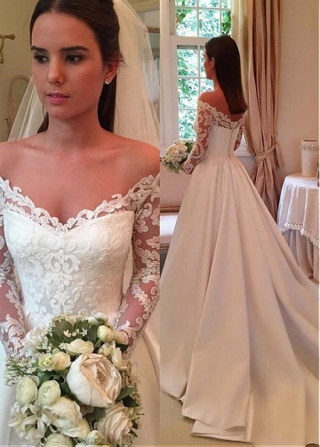 Wonderful Tulle & Satin Off-the-shoulder Neckline A-line Wedding Dress With Lace Appliques