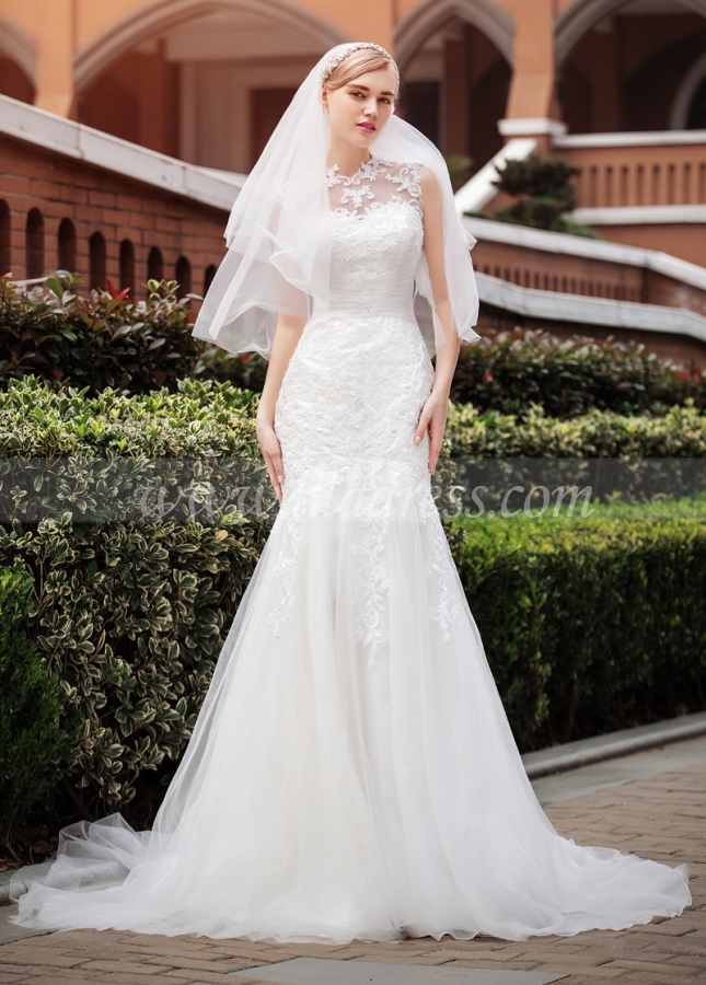 Elegant Tulle Illusion High Neckline Mermaid Wedding Dresses With Beaded Lace Appliques