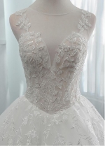 Exquisite Tulle Jewel Neckline See-through Bodice A-line Wedding Dress With Beadings & Lace Appliques