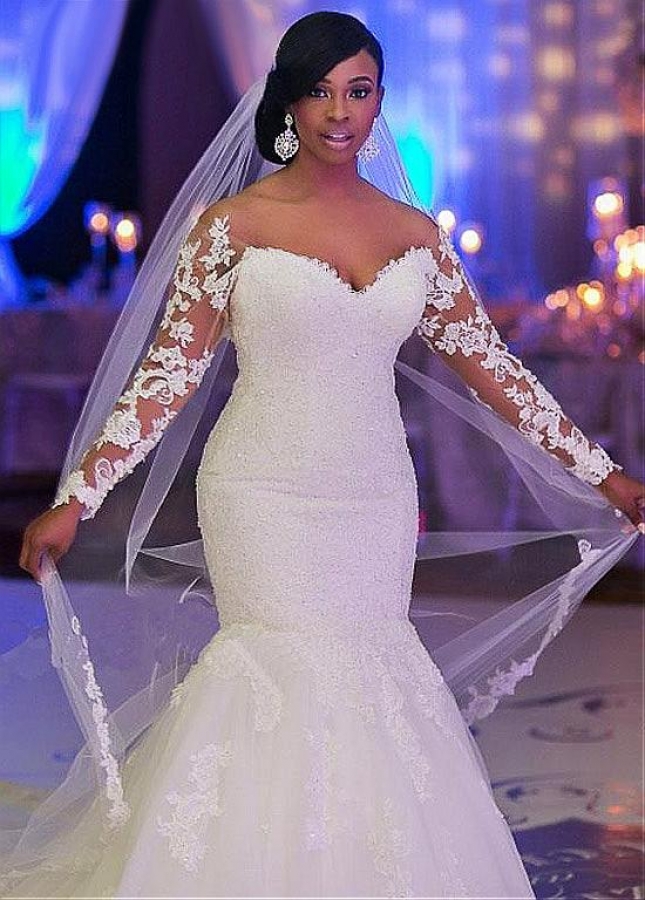 Stunning Tulle Off-the-shoulder Neckline Mermaid Wedding Dresses With Beaded Lace Appliques