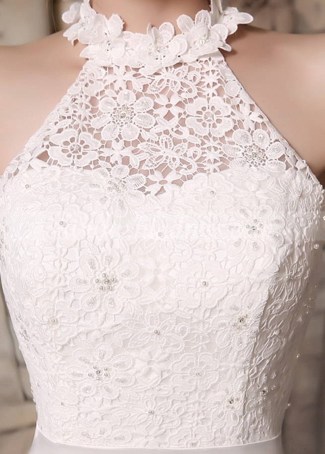 Elegant Lace & Chiffon High Collar Neckline A-line Wedding Dresses