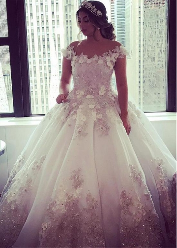 Gorgeous Tulle Jewel Neckline Ball Gown Wedding Dresses With Beaded Lace Appliques & Handmade Flowers
