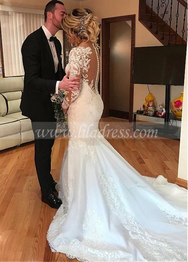 Fabulous Tulle Jewel Neckline Mermaid Wedding Dresses With Beaded Lace Appliques