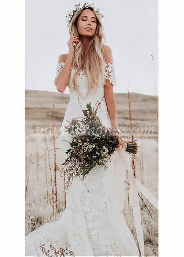 Romantic Lace Sheer Jewel Neckline Full-length Mermaid Wedding Dresses