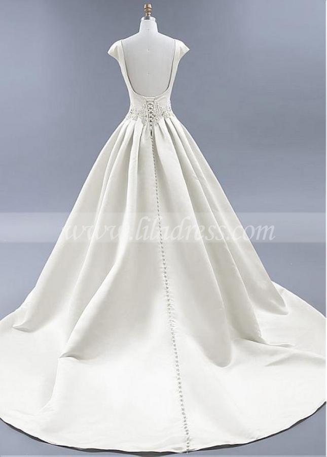 Modest Satin Bateau Neckline Backless A-line Wedding Dresses With Beadings