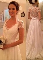Delicate Lace & Chiffon Scoop Neckline A-line Wedding Dress With Belt