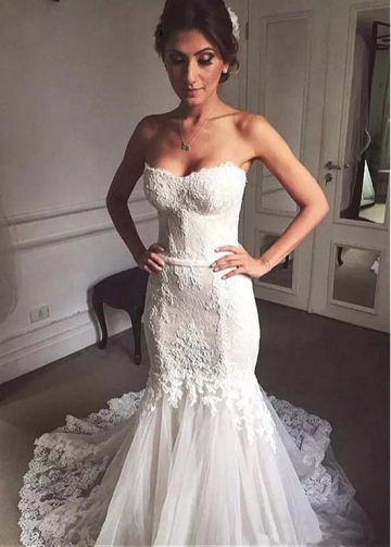 Fantastic Tulle & Lace Sweetheart Neckline Mermaid Wedding Dress With Lace Appliques & Belt